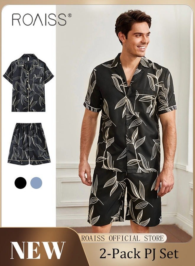 roaiss Plus Size Men's 2 PCS Pajama Set, Leaf Print Ice Silk Sleepwear Set,  Loose Button Placket Short Sleeve Top and Elastic Waist Shorts,  Cooling  Breathable Lightweight Polyester Blend Loungewear Set, Cozy Casual Nightwear for Spring Summer, Black - Image 5